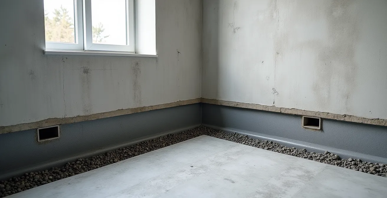 Vue en coupe d'un système de drainage périmétrique avec plusieurs niveaux de protection