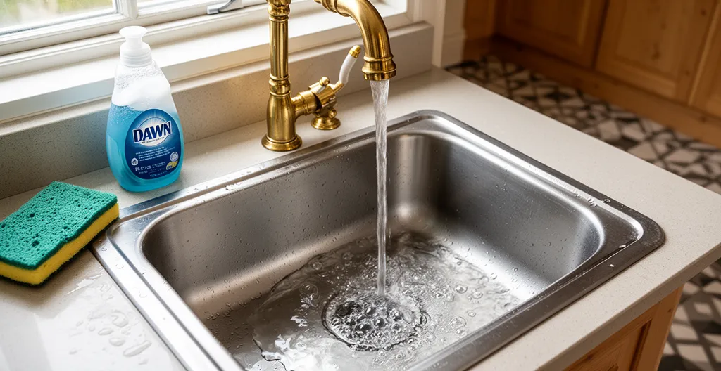 Évier de cuisine avec évacuation lente et eau stagnante montrant un signe de canalisation obstruée