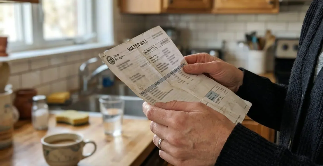 Deux mains tiennent une feuille de facture dans une cuisine éclairée naturellement, expression de surprise suggérée par la posture