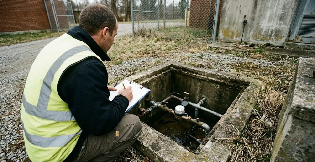 Une personne accroupie note des chiffres sur un carnet devant un compteur d'eau installé dans un regard extérieur, tuyauterie visible en arrière-plan