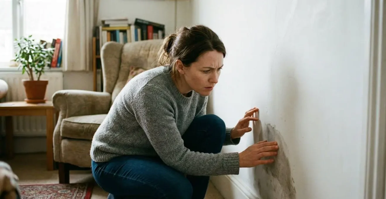 Une femme accroupie examine attentivement une tache brunâtre sur le bas d'un mur blanc dans son salon, lumière naturelle de fenêtre