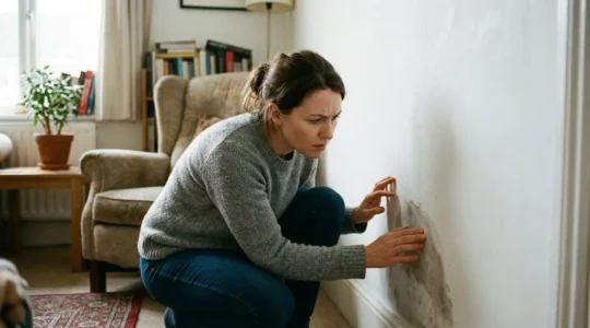 Une femme accroupie examine attentivement une tache brunâtre sur le bas d'un mur blanc dans son salon, lumière naturelle de fenêtre