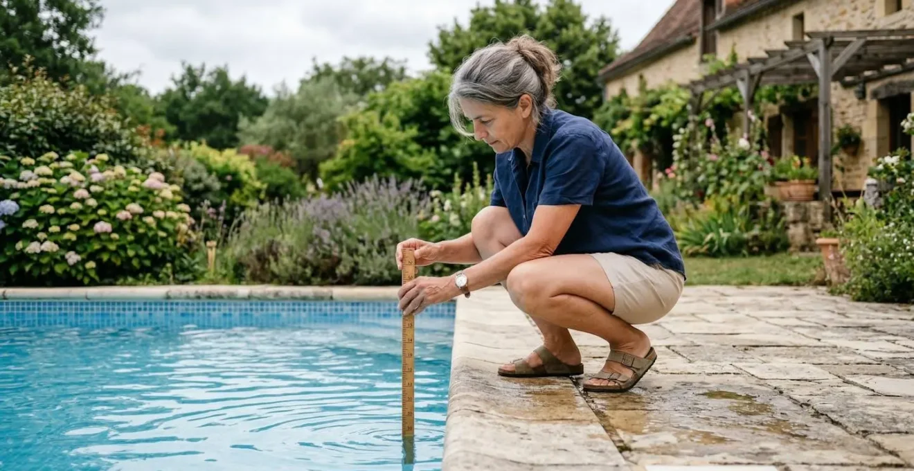 Propriétaire vérifiant le niveau d'eau de sa piscine avec une règle graduée dans un jardin résidentiel