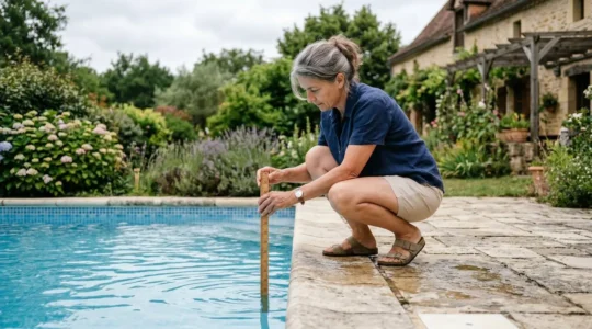 Propriétaire vérifiant le niveau d'eau de sa piscine avec une règle graduée dans un jardin résidentiel