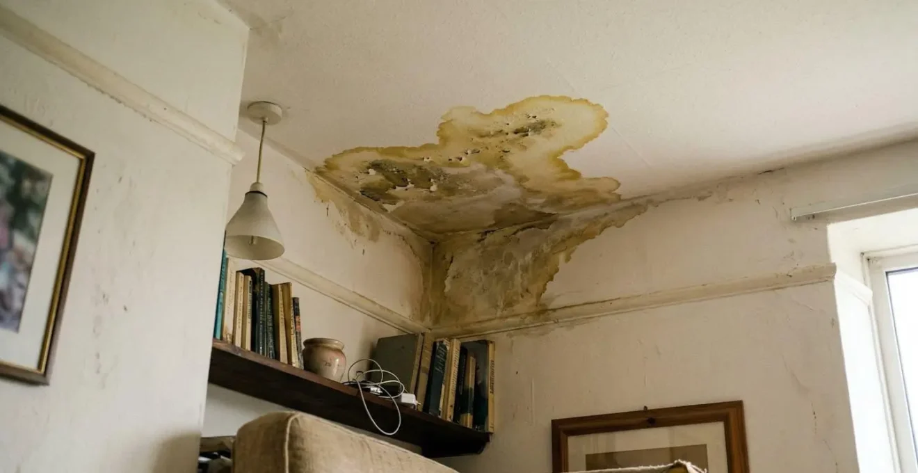 Un plafond blanc présente une auréole jaunâtre irrégulière près d'un angle, lumière naturelle de jour