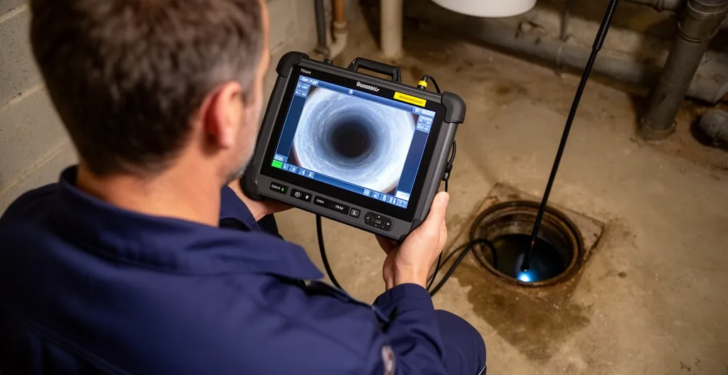 Technicien utilisant une caméra d'inspection endoscopique pour diagnostiquer une canalisation obstruée