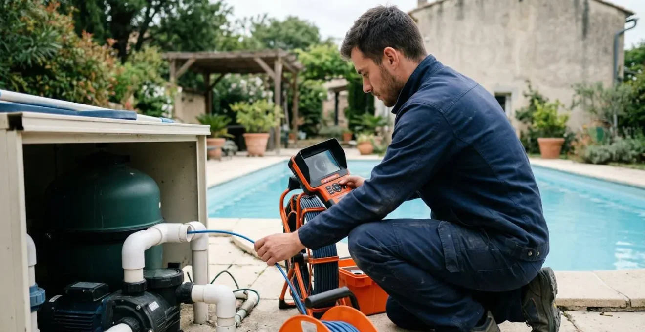 Technicien utilisant une caméra d'inspection vidéo près du local technique d'une piscine