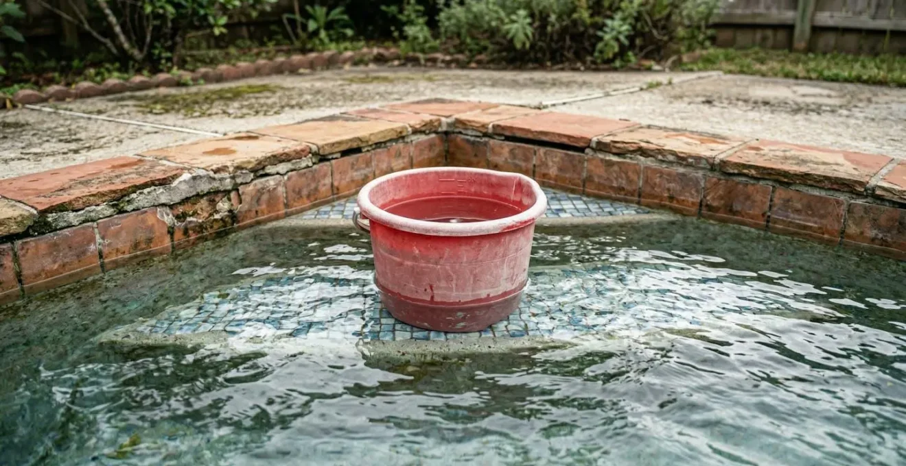 Seau plastique posé sur marche de piscine pour test d'évaporation comparatif