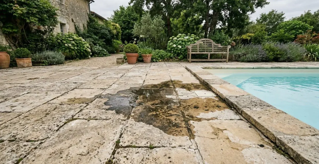 Tache humide visible sur dalles de terrasse près d'une piscine indiquant une infiltration