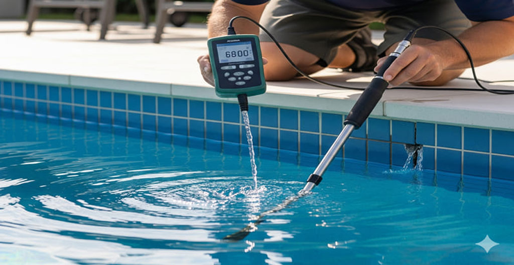 Technicien utilisant une caméra d'inspection vidéo près du local technique d'une piscine