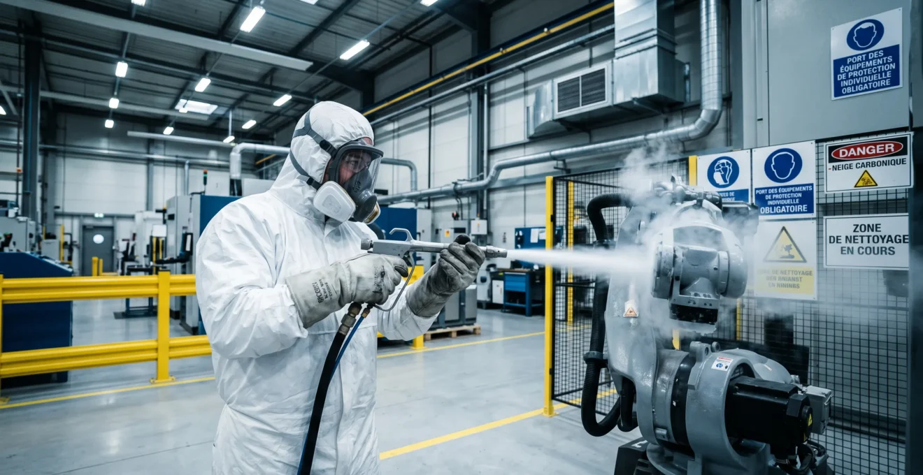Opérateur en équipement de protection effectuant un décapage cryogénique sur un robot industriel dans un atelier de production moderne