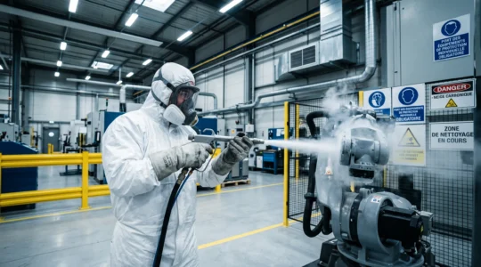 Opérateur en équipement de protection effectuant un décapage cryogénique sur un robot industriel dans un atelier de production moderne
