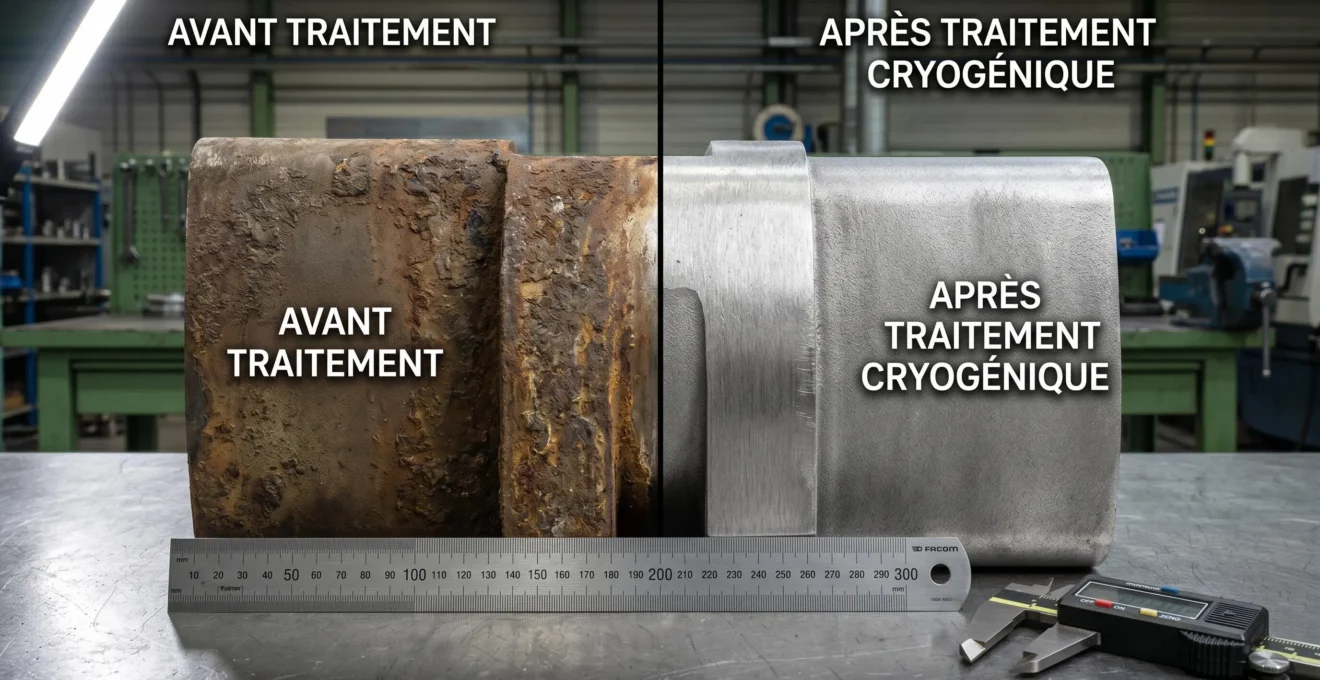 Surface métallique nettoyée par sablage cryogénique montrant la préservation de la texture originale