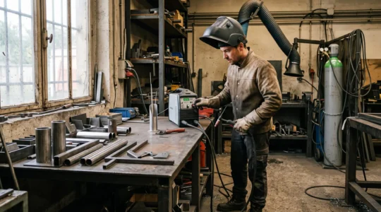 Un soudeur règle l'intensité de son poste à souder TIG dans un atelier de métallerie équipé d'une table de travail et d'un bras d'extraction de fumées.
